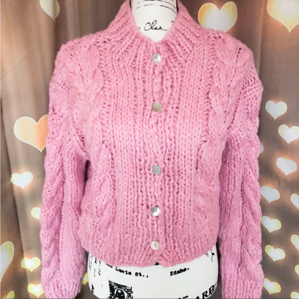 Cable knit sweater cardigan white cream womens twist button purple lilac - Picture 2 of 16